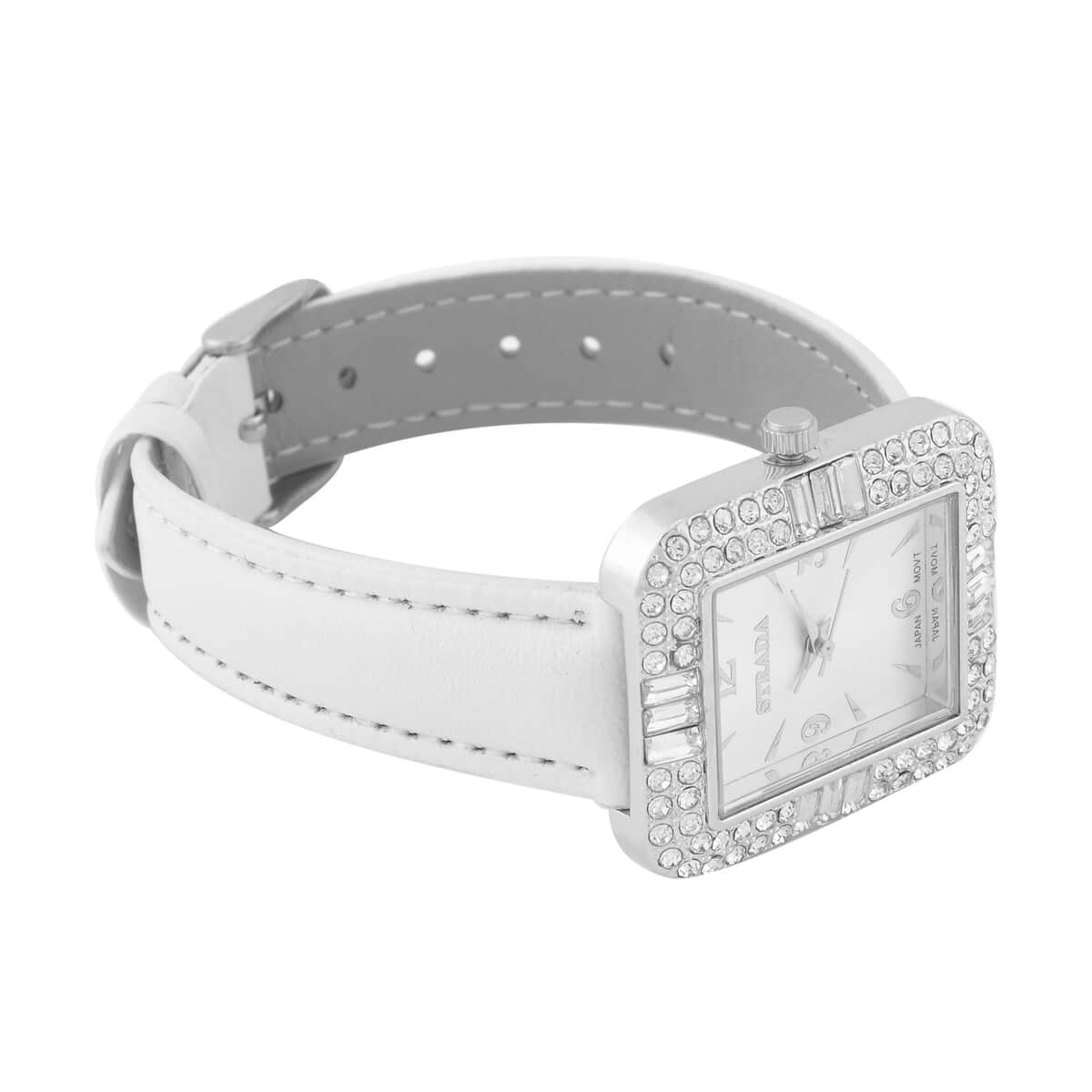 Strada White Austrian Crystal Japanese Movement Watch with White Faux Leather Strap (34mm) (6.5-8In) image number 4