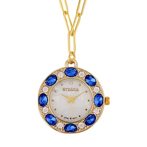 Strada Blue and White Austrian Crystal Japanese Movement Pocket or Pendant Watch in Goldtone with Paper Clip ION Plated YG Stainless Steel Chain (31.75 mm) (18- 30 Inches)