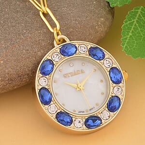Strada Blue and White Austrian Crystal Japanese Movement Pocket or Pendant Watch in Goldtone with Paper Clip ION Plated YG Stainless Steel Chain (31.75 mm) (18- 30 Inches)