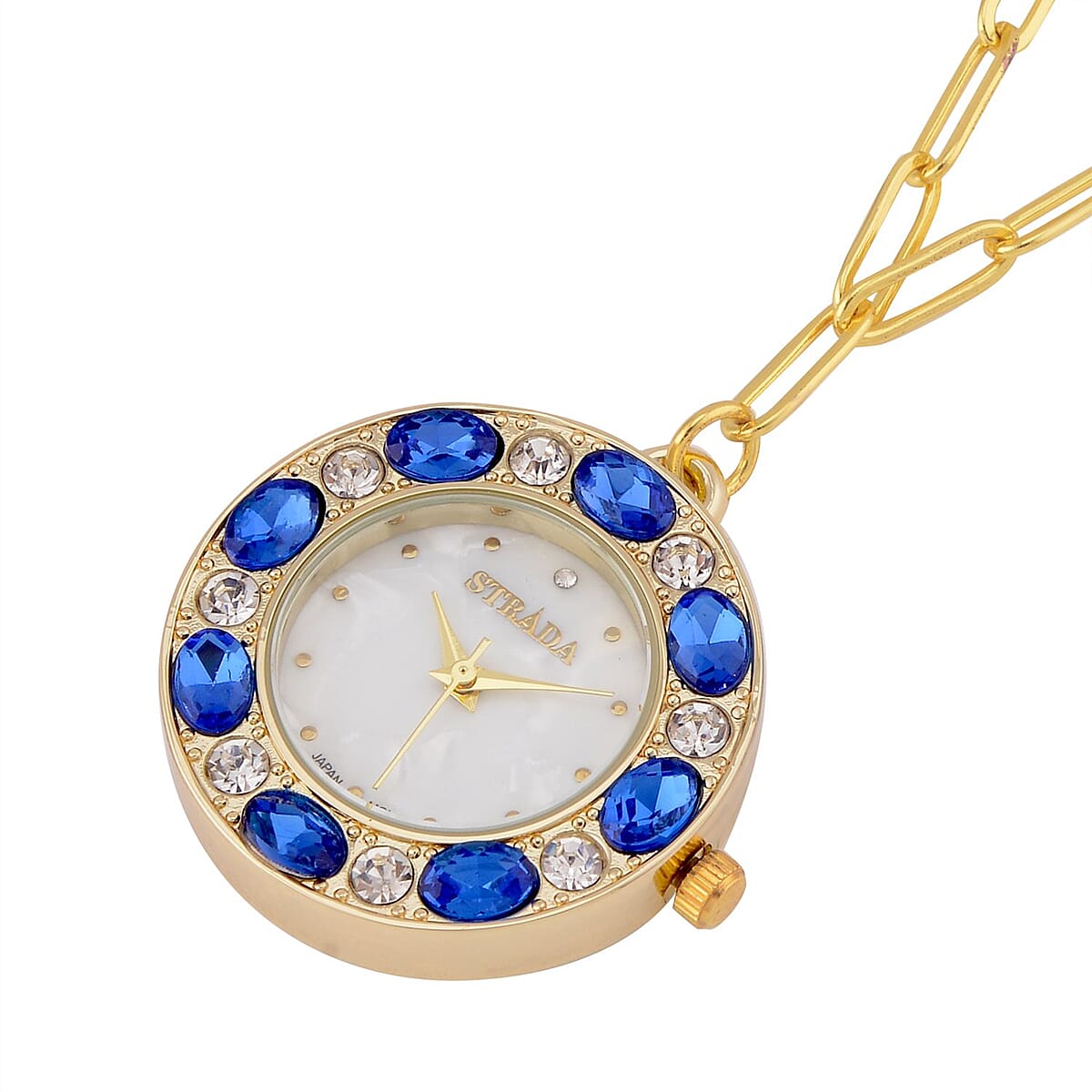 Strada Blue and White Austrian Crystal Japanese Movement Pocket or Pendant Watch in Goldtone with Paper Clip ION Plated YG Stainless Steel Chain (31.75 mm) (18- 30 Inches) image number 2