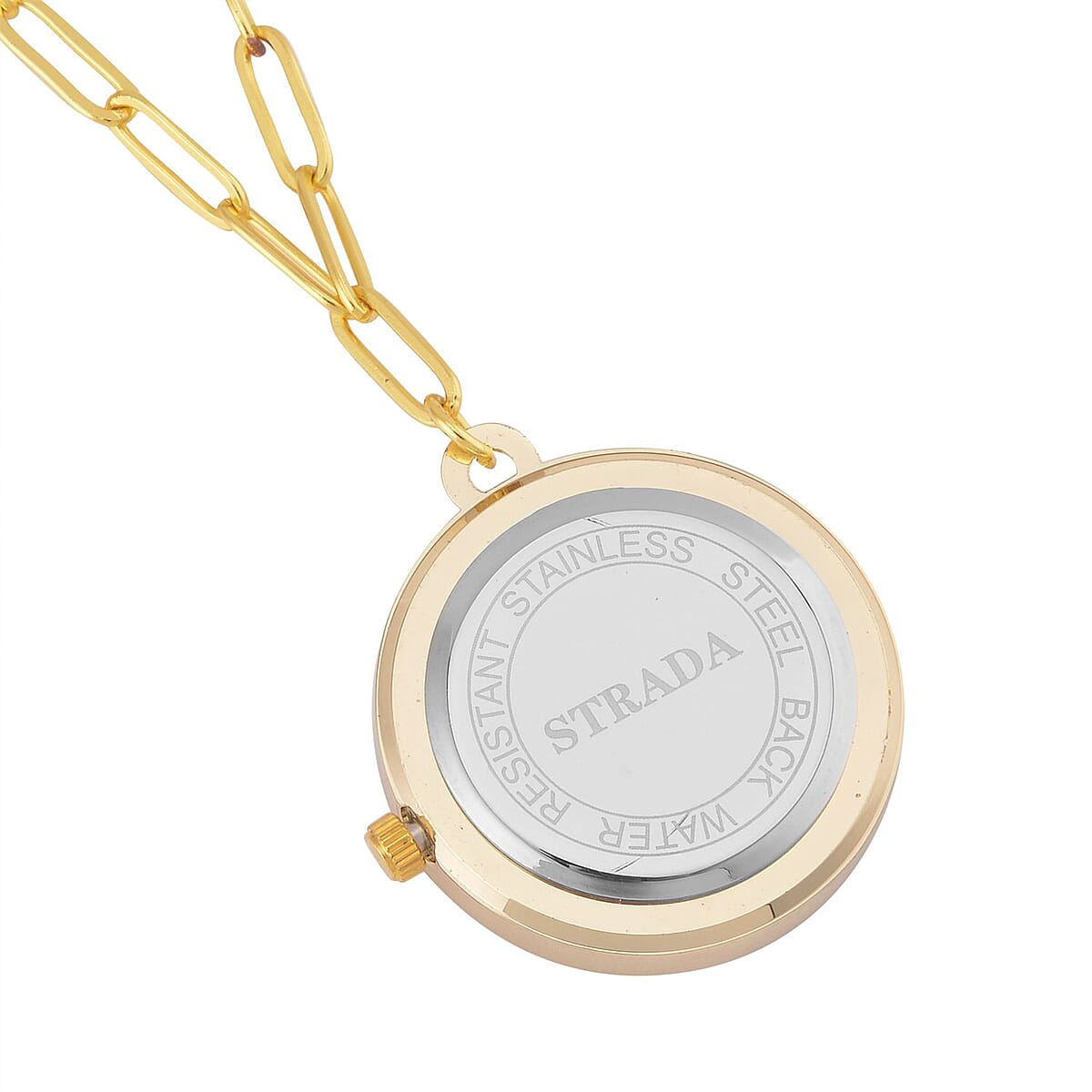 Strada Blue and White Austrian Crystal Japanese Movement Pocket or Pendant Watch in Goldtone with Paper Clip ION Plated YG Stainless Steel Chain (31.75 mm) (18- 30 Inches) image number 3