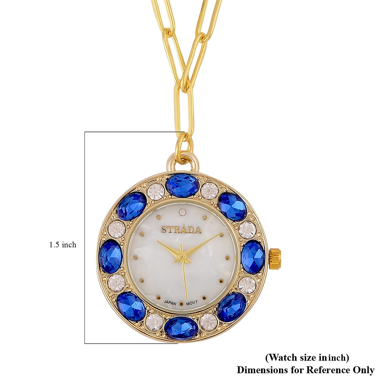 Strada Blue and White Austrian Crystal Japanese Movement Pocket or Pendant Watch in Goldtone with Paper Clip ION Plated YG Stainless Steel Chain (31.75 mm) (18- 30 Inches) image number 4