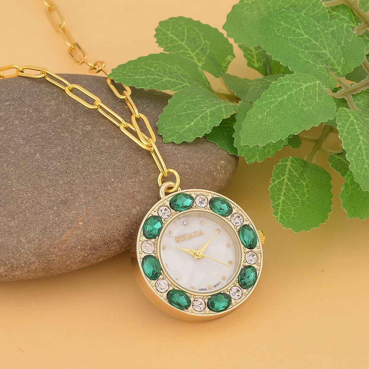 Strada Green and White Austrian Crystal Japanese Movement Pocket or Pendant Watch in Goldtone with Paper Clip ION Plated YG Stainless Steel Chain (31.75 mm) (18- 30 Inches) image number 1