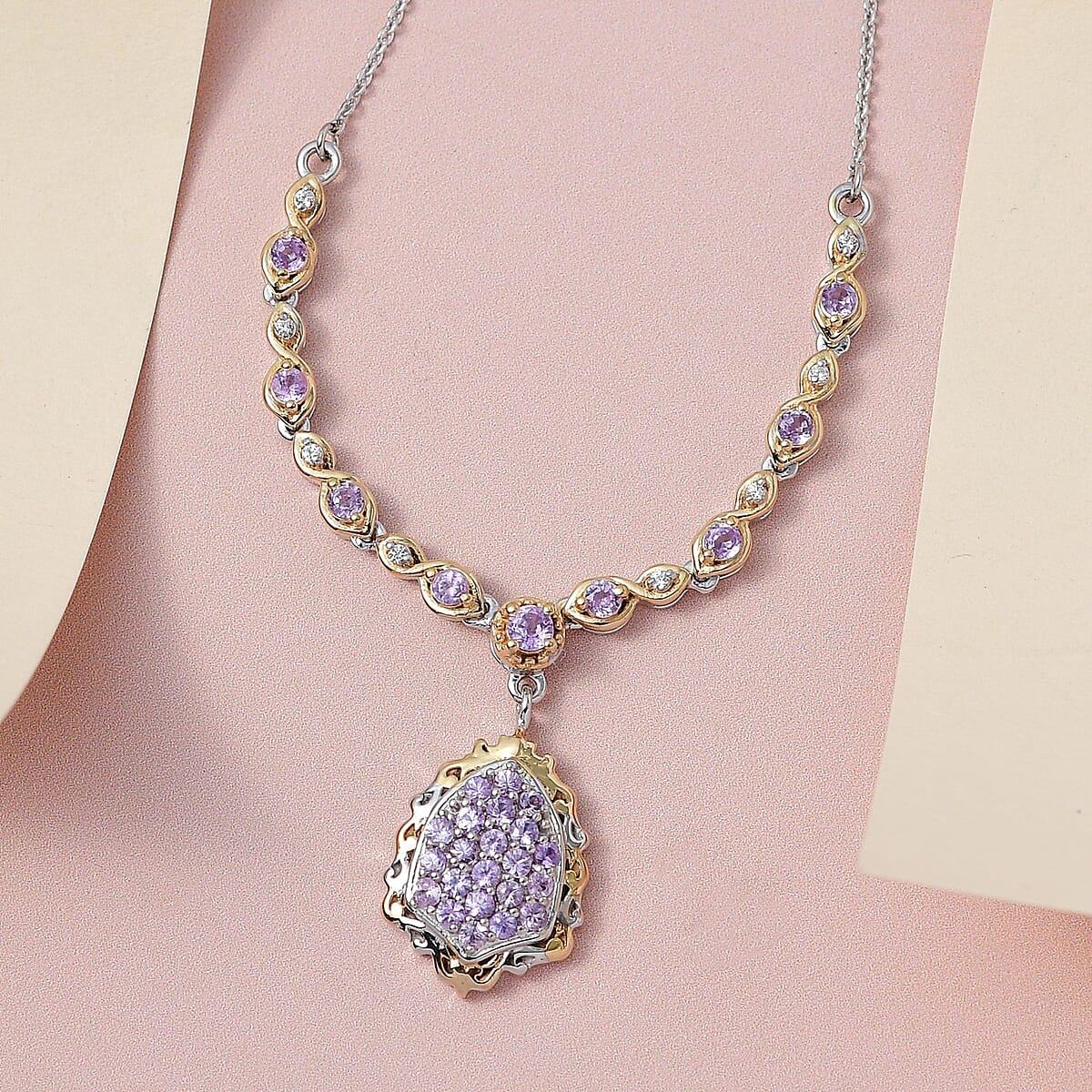 Madagascar Purple Sapphire and White Zircon Necklace 18 Inches in Vermeil Yellow Gold and Platinum Over Sterling Silver 1.35 ctw image number 1