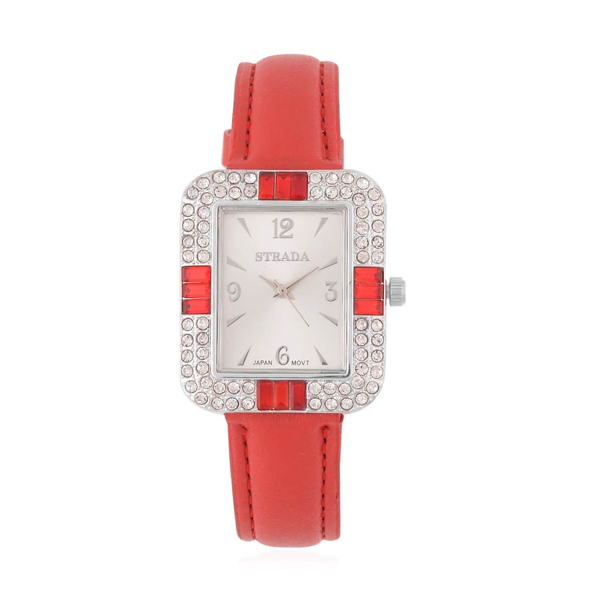 Strada White and Red Austrian Crystal Japanese Movement Watch with Red Faux Leather Strap (34mm) (6.5-8In) image number 0