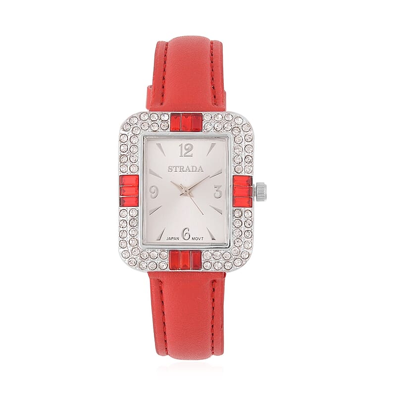 Strada White and Red Austrian Crystal Japanese Movement Watch with Red Faux Leather Strap (34mm) (6.5-8In)