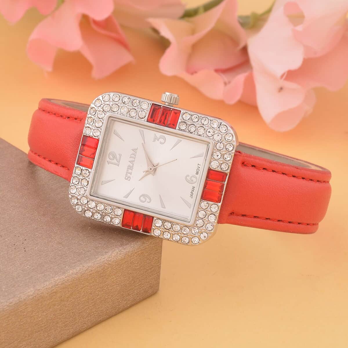 Strada White and Red Austrian Crystal Japanese Movement Watch with Red Faux Leather Strap (34mm) (6.5-8In) image number 1