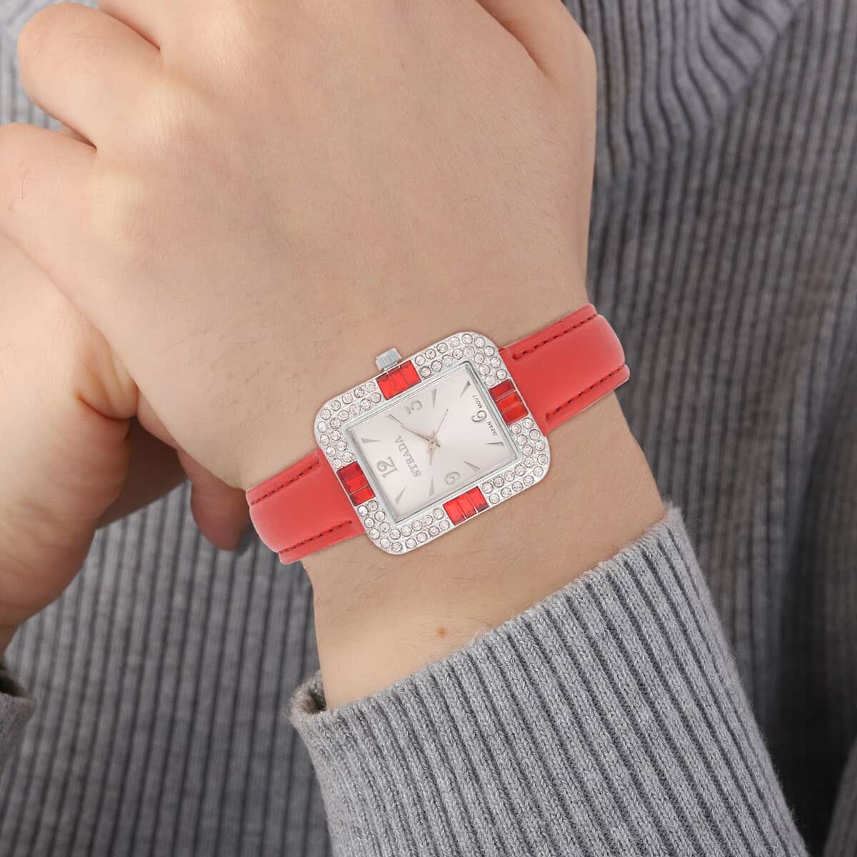 Strada White and Red Austrian Crystal Japanese Movement Watch with Red Faux Leather Strap (34mm) (6.5-8In) image number 2