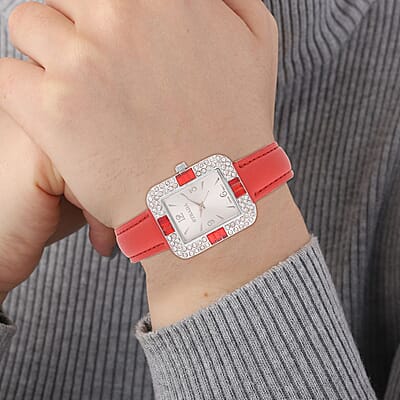 Strada White and Red Austrian Crystal Japanese Movement Watch with Red Faux Leather Strap (34mm) (6.5-8In)