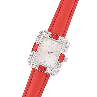 Strada White and Red Austrian Crystal Japanese Movement Watch with Red Faux Leather Strap (34mm) (6.5-8In)