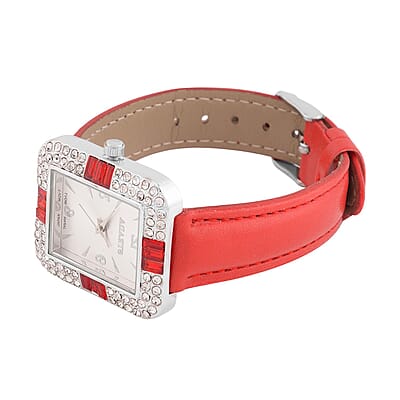Strada White and Red Austrian Crystal Japanese Movement Watch with Red Faux Leather Strap (34mm) (6.5-8In)