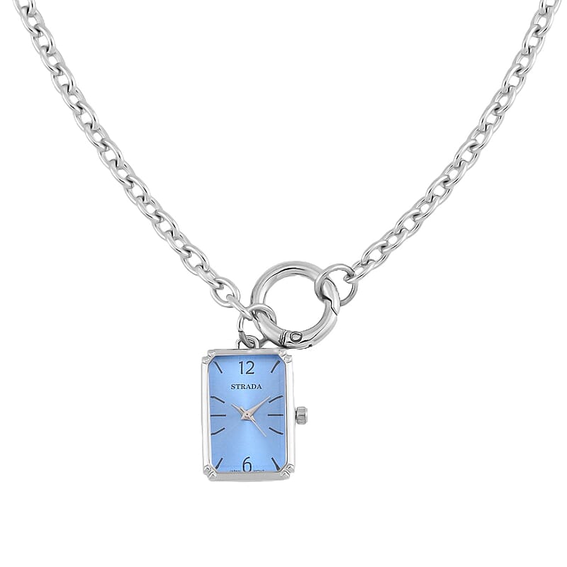 Strada Japanese Movement Light Blue Dial Pocket Or Pendant Watch in Silvertone with Stainless Steel Chain (20.06- 27.94 mm) (24 Inches)
