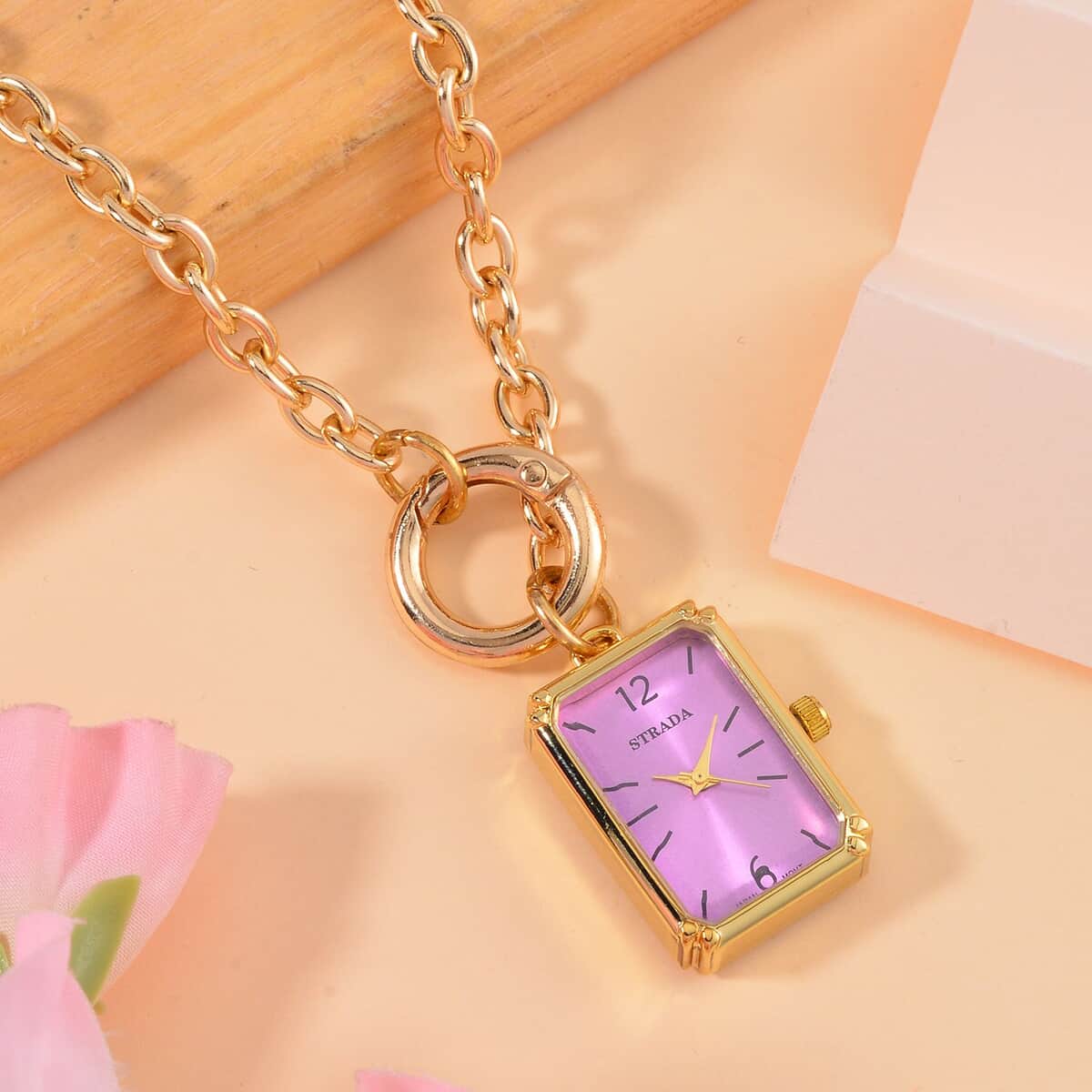 Bargain Deal Strada Japanese Movement Light Purple Dial Pocket Or Pendant Watch in Goldtone with Stainless Steel Chain (20.06- 27.94 mm) (24 Inches) image number 1