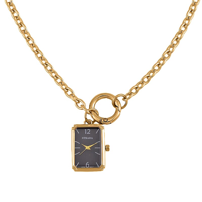Strada Japanese Movement Black Dial Pocket Or Pendant Watch in Goldtone with Stainless Steel Chain (20.06- 27.94 mm) (24 Inches)
