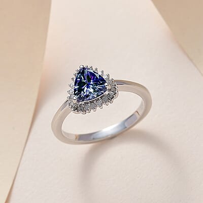 Luxoro 10K White Gold Premium Peacock Tanzanite and Diamond Halo Ring (Size 10.0) 1.15 ctw