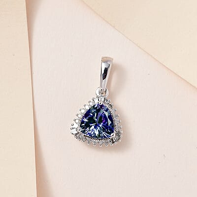 Luxoro 10K White Gold Premium Peacock Tanzanite and Diamond Halo Pendant 1.35 ctw
