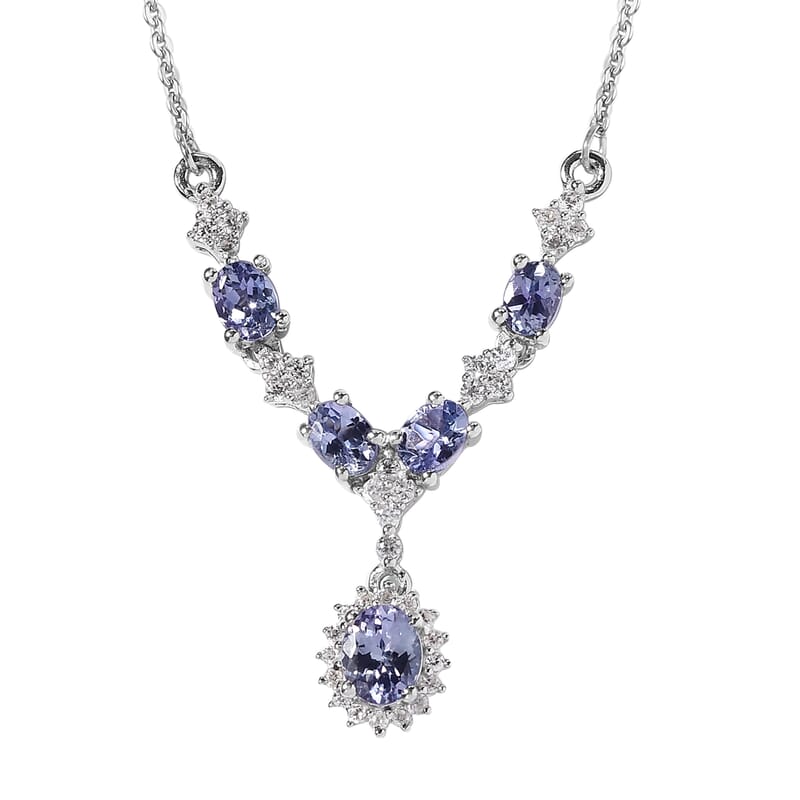 Peacock Tanzanite, White Zircon Necklace (18 Inches) in Platinum Over Sterling Silver 1.75 ctw