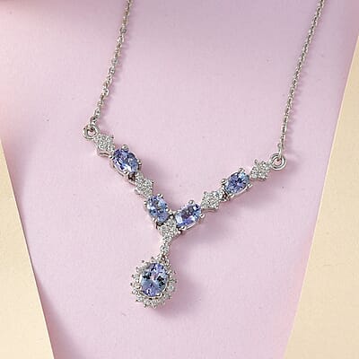Peacock Tanzanite, White Zircon Necklace (18 Inches) in Platinum Over Sterling Silver 1.75 ctw
