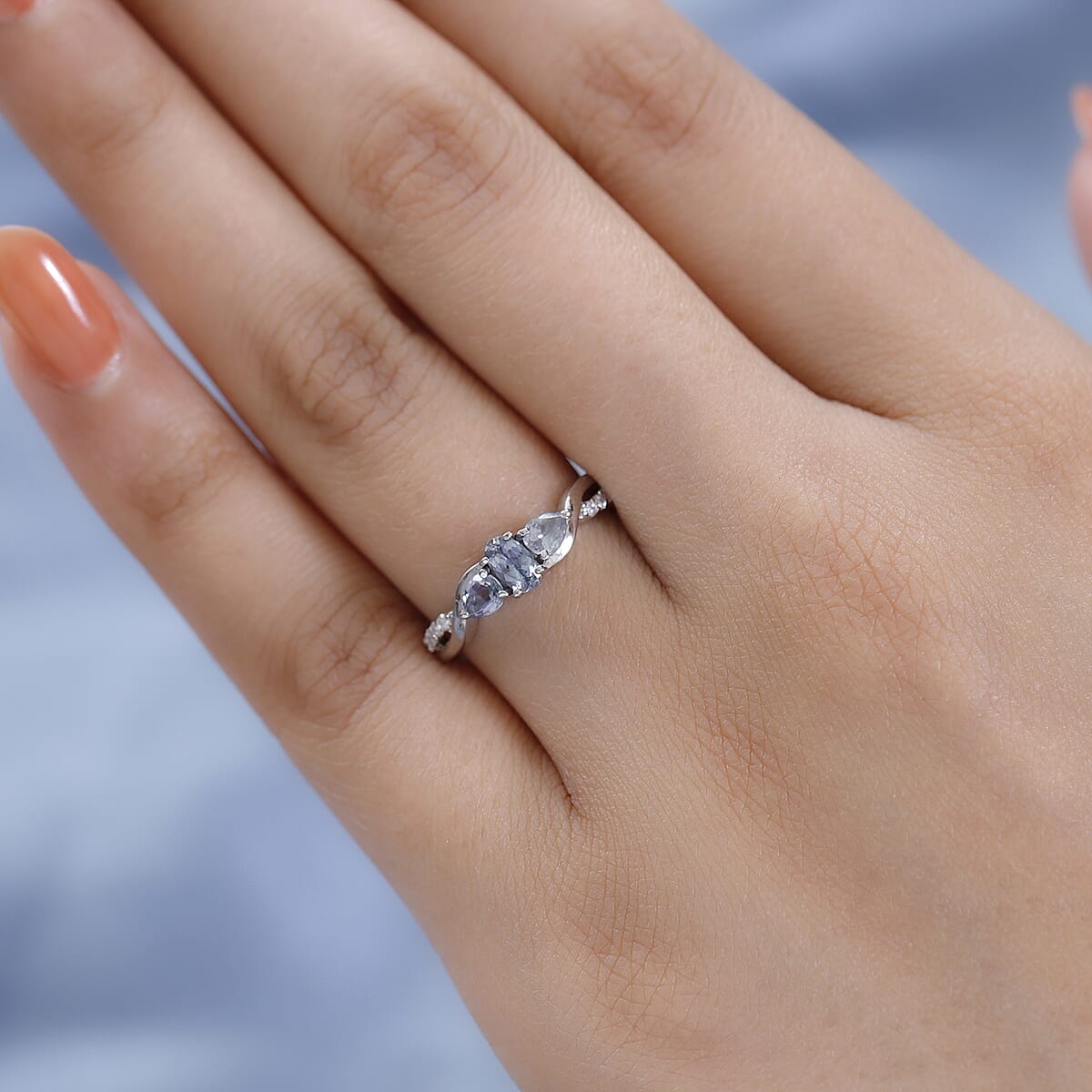 Peacock Tanzanite and Moissanite Infinity Ring in Platinum Over Sterling Silver 0.65 ctw image number 2