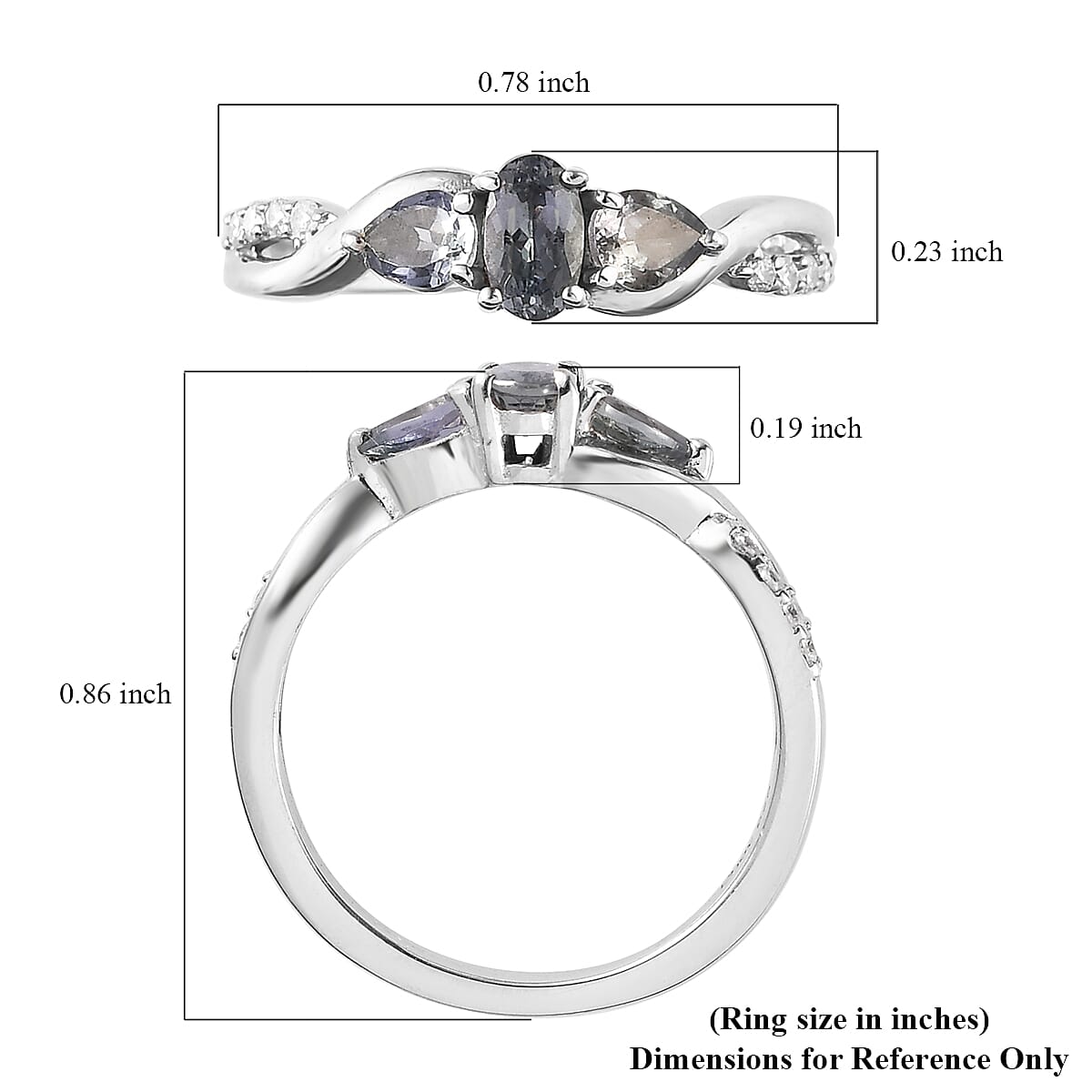 Peacock Tanzanite and Moissanite Infinity Ring in Platinum Over Sterling Silver (Size 10.0) 0.65 ctw