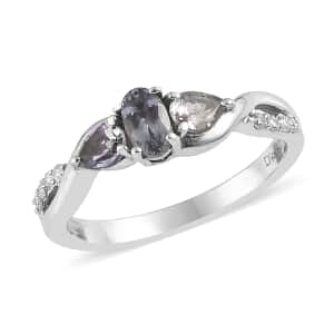 Peacock Tanzanite and Moissanite Infinity Ring in Platinum Over Sterling Silver (Size 7.0) 0.65 ctw