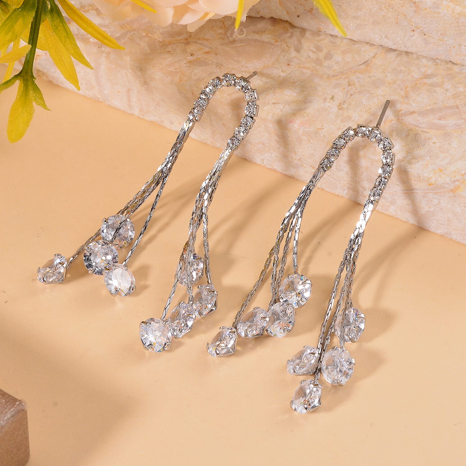 Simulated Diamond Chandelier Dangle Earrings in Silvertone