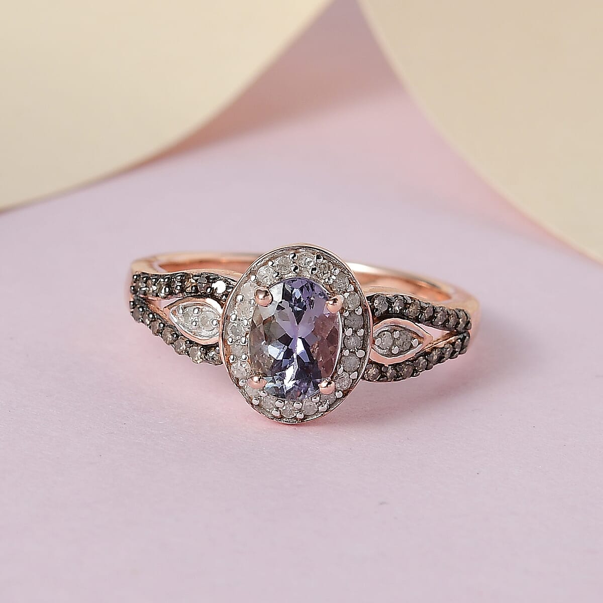 Peacock Tanzanite, Natural Champagne and White Diamond Halo Ring in Vermeil Rose Gold Over Sterling Silver 1.00 ctw image number 1