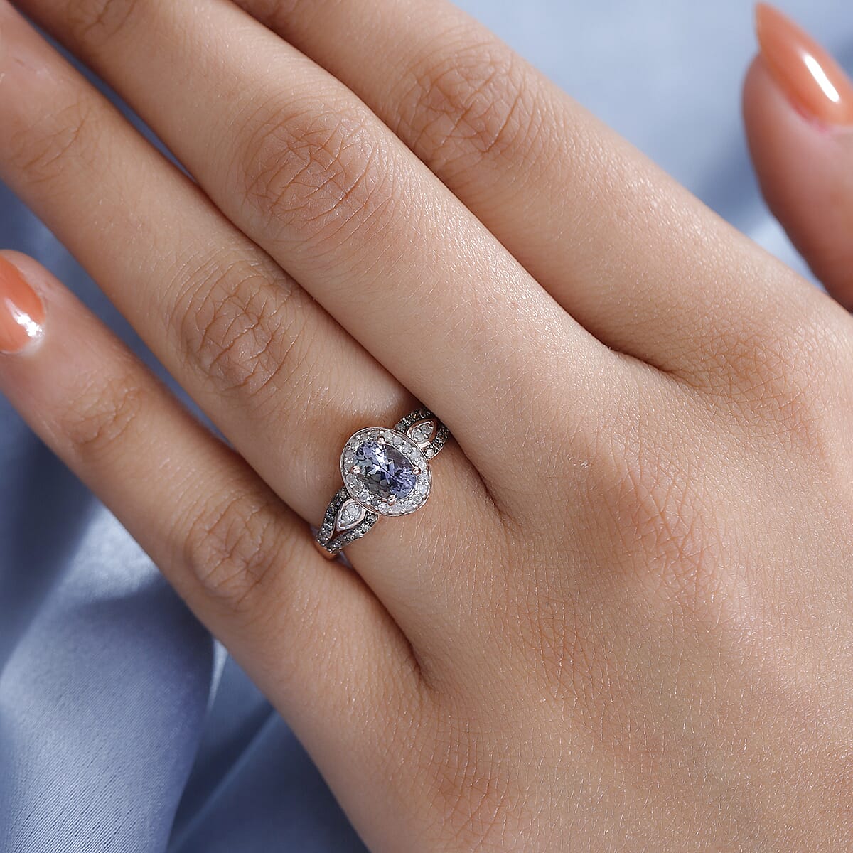 Peacock Tanzanite, Natural Champagne and White Diamond Halo Ring in Vermeil Rose Gold Over Sterling Silver 1.00 ctw image number 2