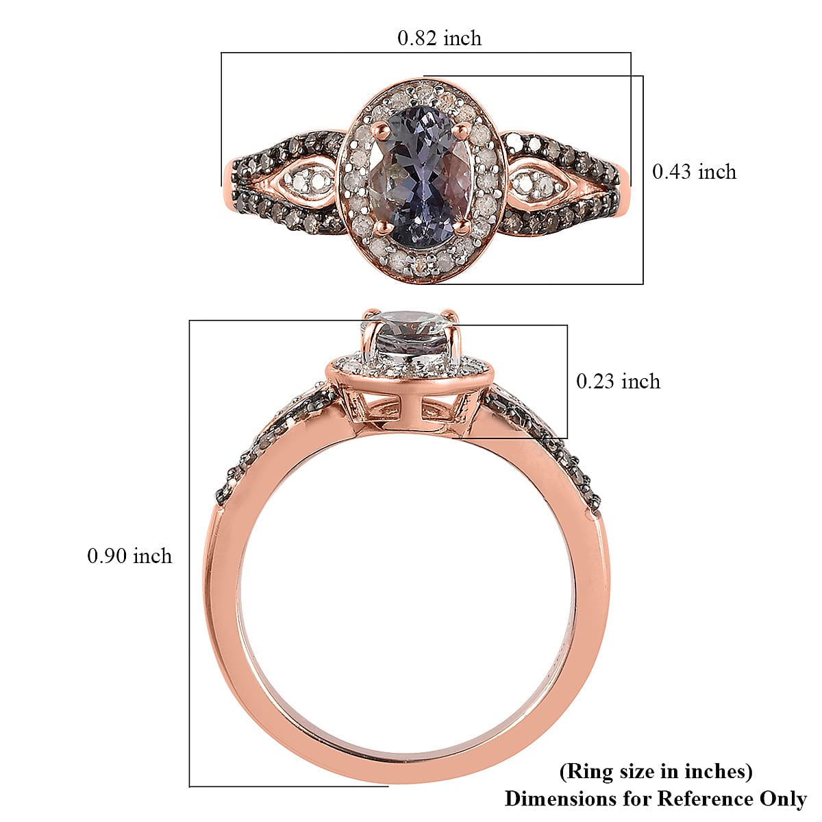 Peacock Tanzanite, Natural Champagne and White Diamond Halo Ring in Vermeil Rose Gold Over Sterling Silver 1.00 ctw image number 5