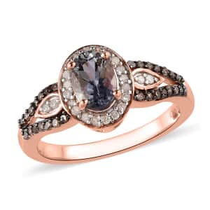 Peacock Tanzanite, Natural Champagne and White Diamond Halo Ring in Vermeil Rose Gold Over Sterling Silver (Size 7.0) 1.00 ctw