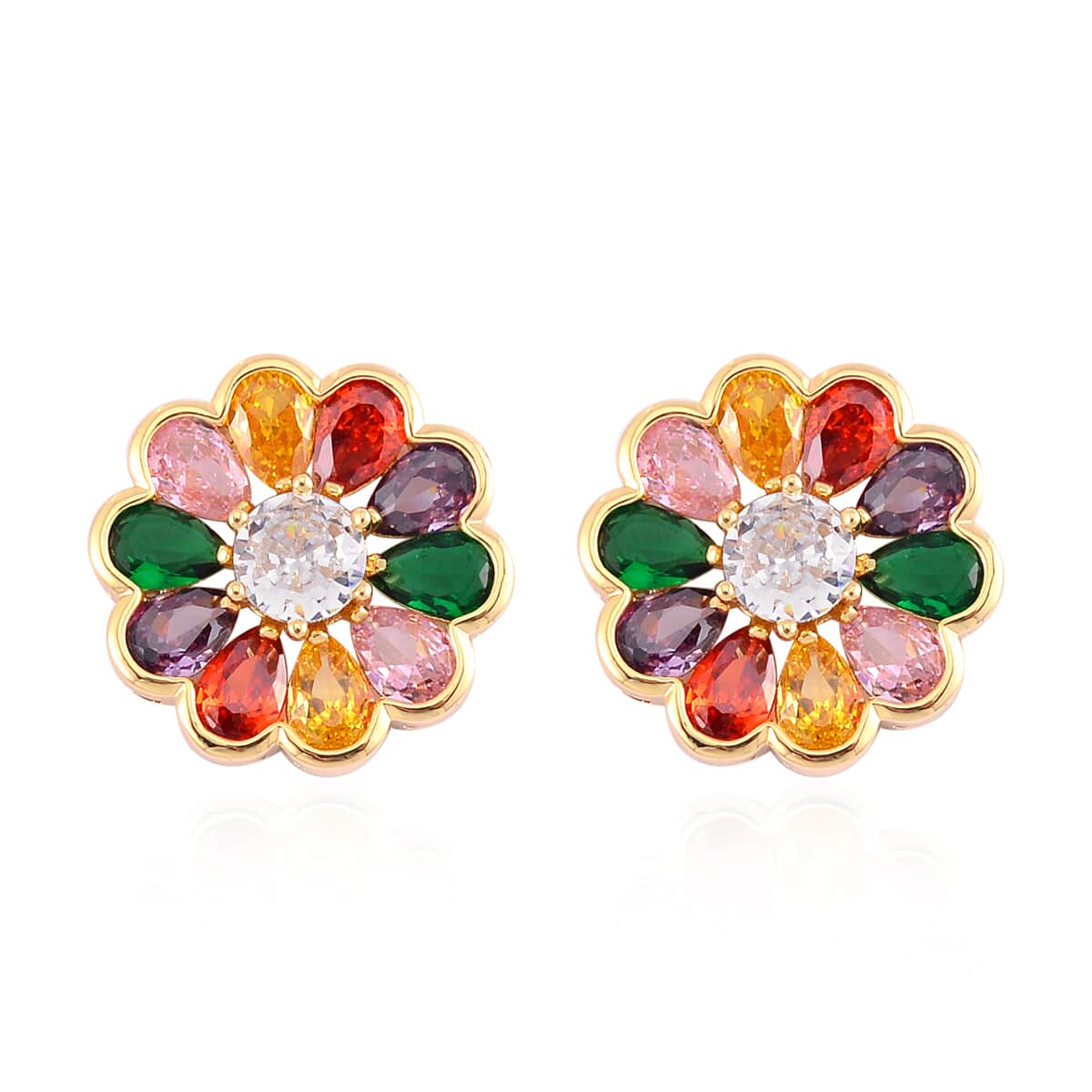 Simulated Multi Color Diamond Floral Earrings in Goldtone image number 0