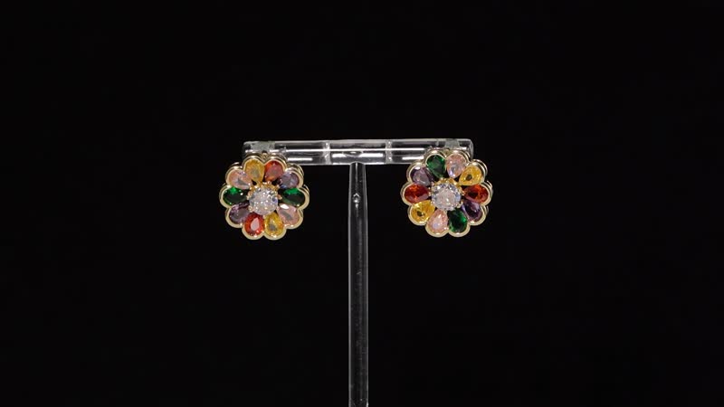 Simulated Multi Color Diamond Floral Earrings in Goldtone