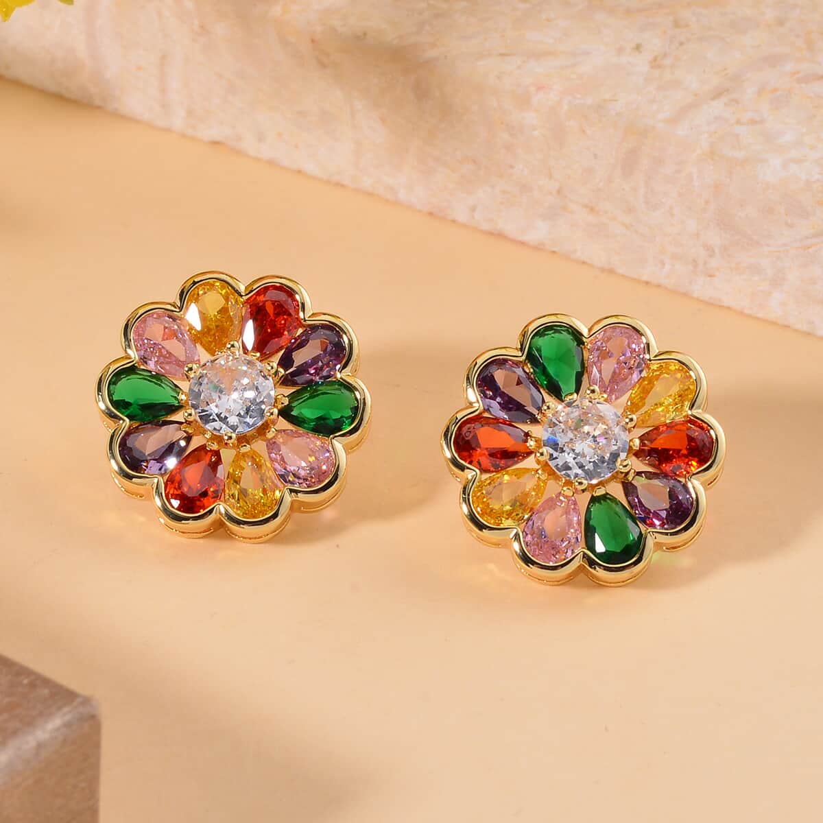 Simulated Multi Color Diamond Floral Earrings in Goldtone image number 1