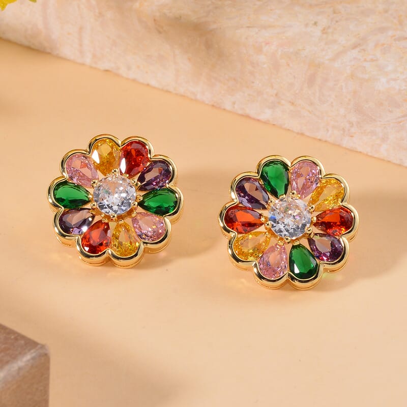 Simulated Multi Color Diamond Floral Earrings in Goldtone