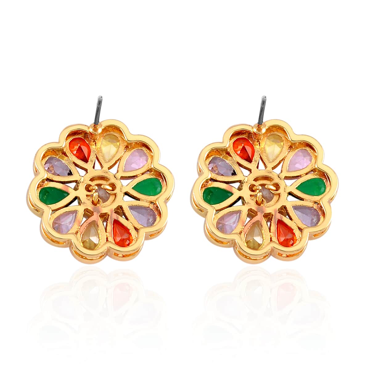 Simulated Multi Color Diamond Floral Earrings in Goldtone image number 4