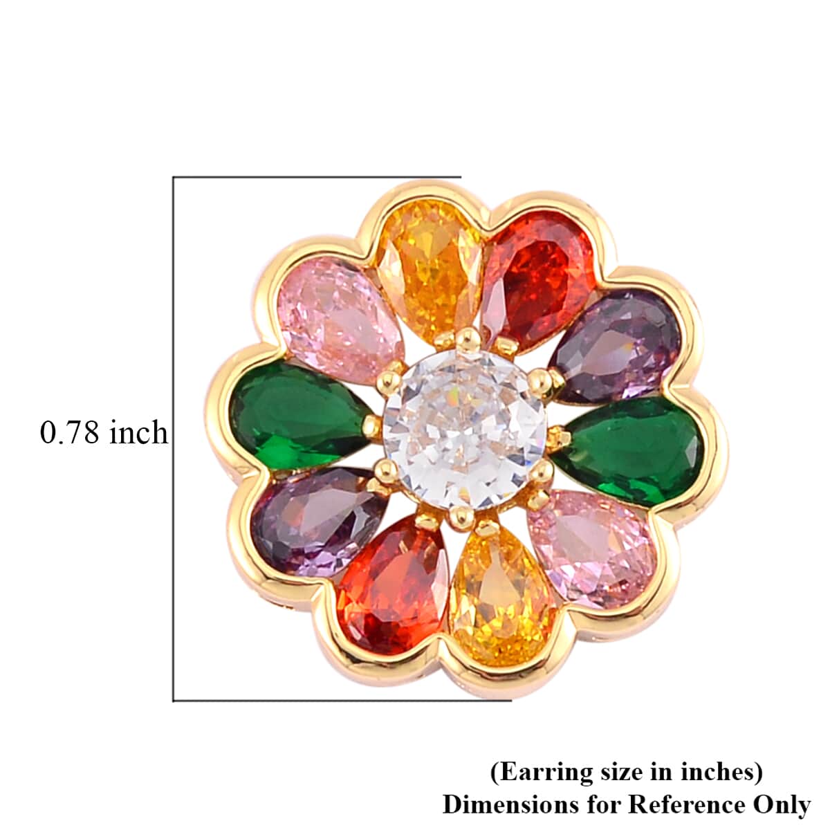 Simulated Multi Color Diamond Floral Earrings in Goldtone image number 5
