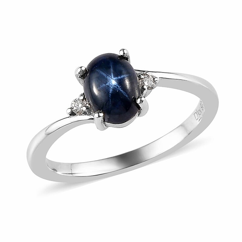 Blue Star Sapphire(DF) and Moissanite Ring in Platinum Over Sterling Silver (Size 10.0) 1.35 ctw