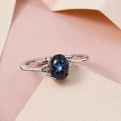 Blue Star Sapphire(DF) and Moissanite Ring in Platinum Over Sterling Silver (Size 10.0) 1.35 ctw