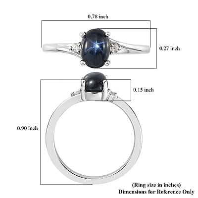 Blue Star Sapphire(DF) and Moissanite Ring in Platinum Over Sterling Silver (Size 10.0) 1.35 ctw