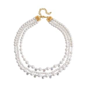 White Glass Pearl and White Glass Beaded Necklace 18-20 Inches in Goldtone