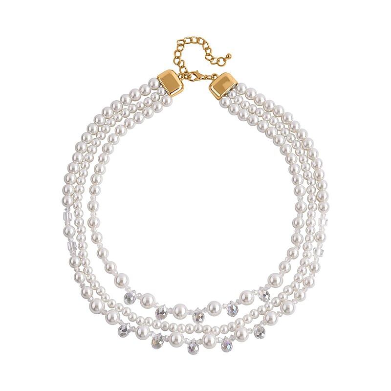 White Glass Pearl and White Glass Beaded Necklace 18-20 Inches in Goldtone