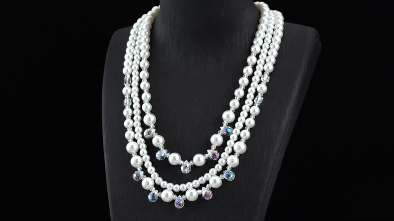White Glass Pearl and White Glass Beaded Necklace 18-20 Inches in Goldtone