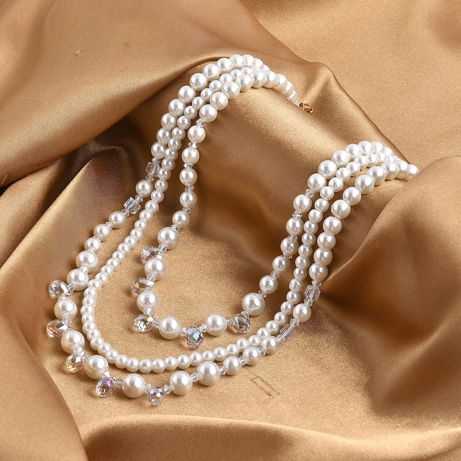 White Glass Pearl and White Glass Beaded Necklace 18-20 Inches in Goldtone