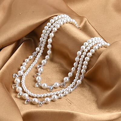 White Glass Pearl and White Glass Beaded Necklace 18-20 Inches in Goldtone