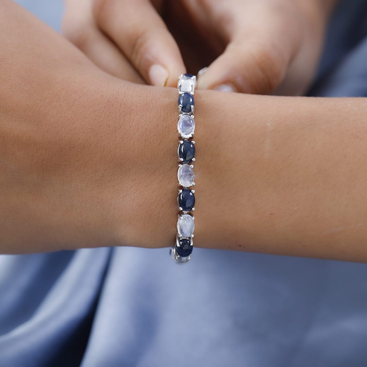 Blue Star Sapphire (DF) and Premium Rainbow Moonstone Tennis Bracelet in Platinum Over Sterling Silver (6.50 In) 23.85 ctw image number 2