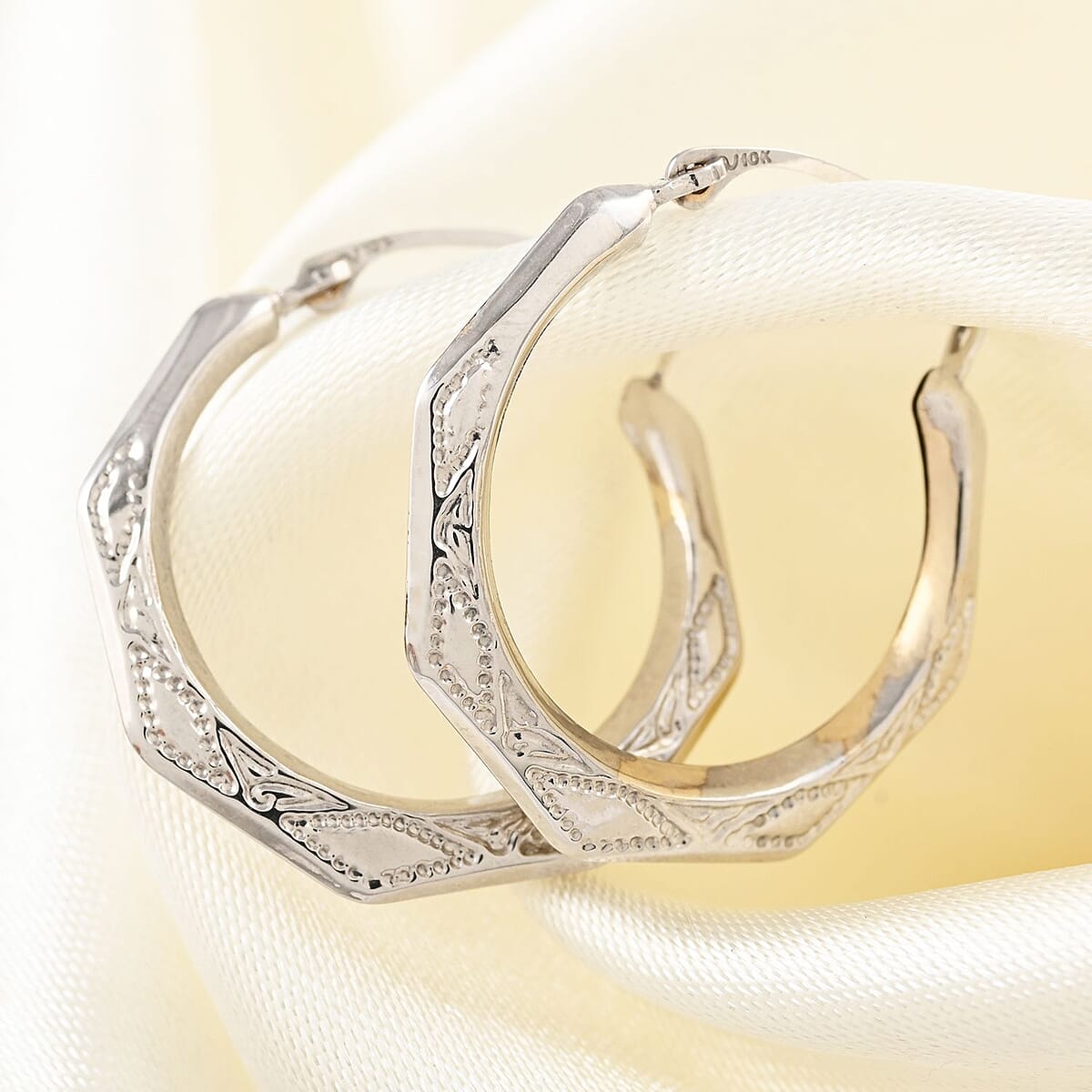 10K White Gold Hoop Earrings | White Gold Hoops | Gold Jewelry | Gold Earrings | Geometric Hoops 0.60 Grams image number 1