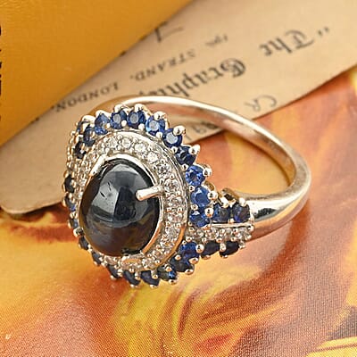 Blue Star Sapphire(DF) and Multi Gemstone Ring in Platinum Over Sterling Silver (Size 10.0) 4.50 ctw