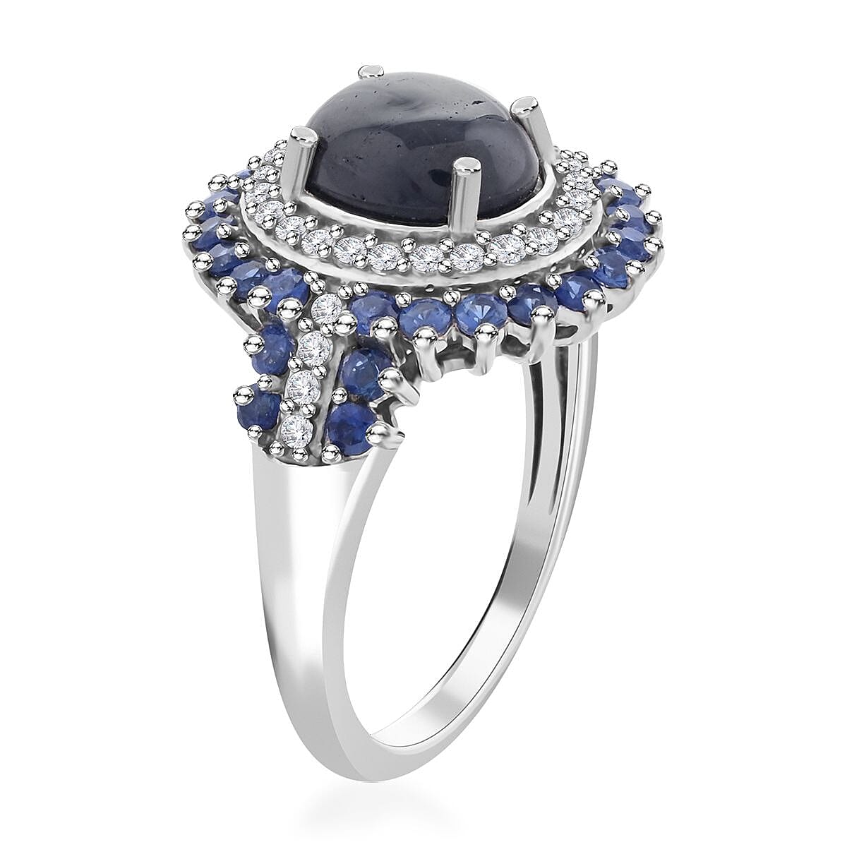 Blue Star Sapphire(DF) and Multi Gemstone Ring in Platinum Over Sterling Silver (Size 10.0) 4.50 ctw