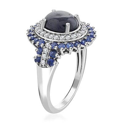 Blue Star Sapphire(DF) and Multi Gemstone Ring in Platinum Over Sterling Silver (Size 10.0) 4.50 ctw