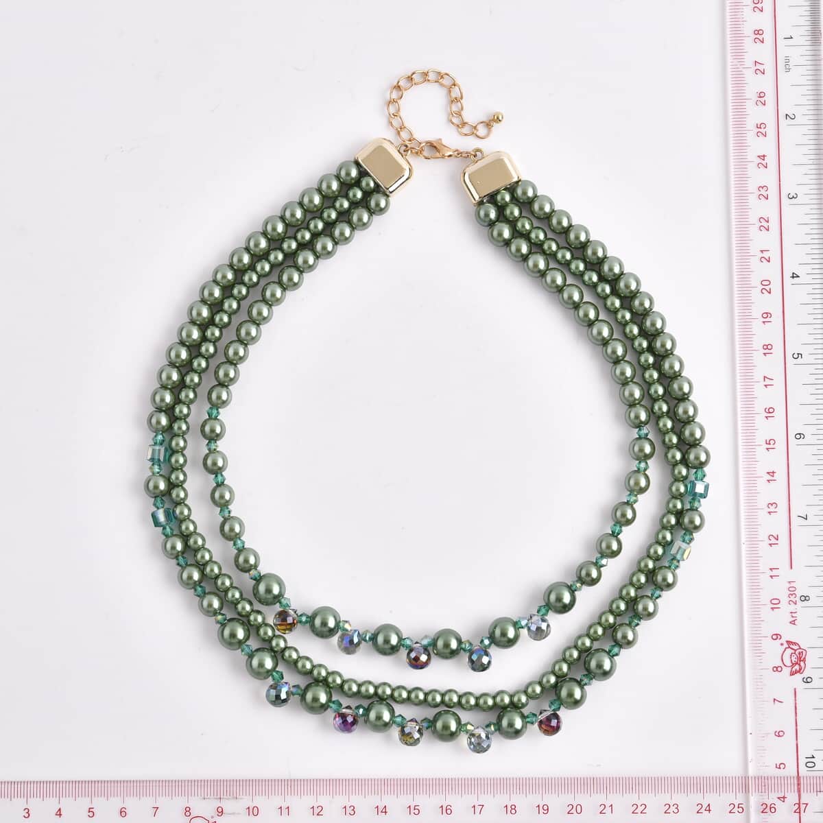 Green Glass Pearl and Green Magic Color Glass Beaded Necklace 18-20 Inches in Goldtone image number 3